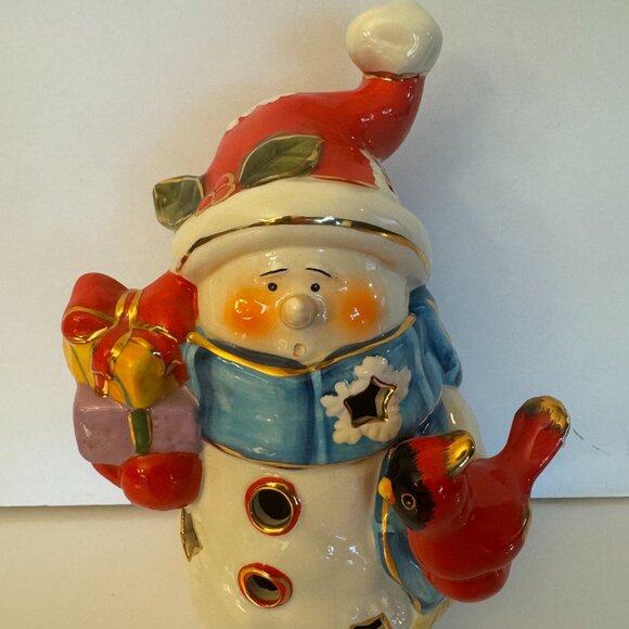 Christmas Snowman Cardinal Ceramic Lighted Figurine Gold Paint Highlights Gift - Picture 3 of 13